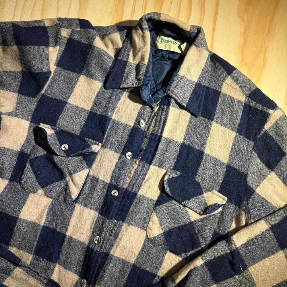 Vintage St Johns Bay Wool Flannel Quilted Shirt Jacket Blue Plaid Large Tall